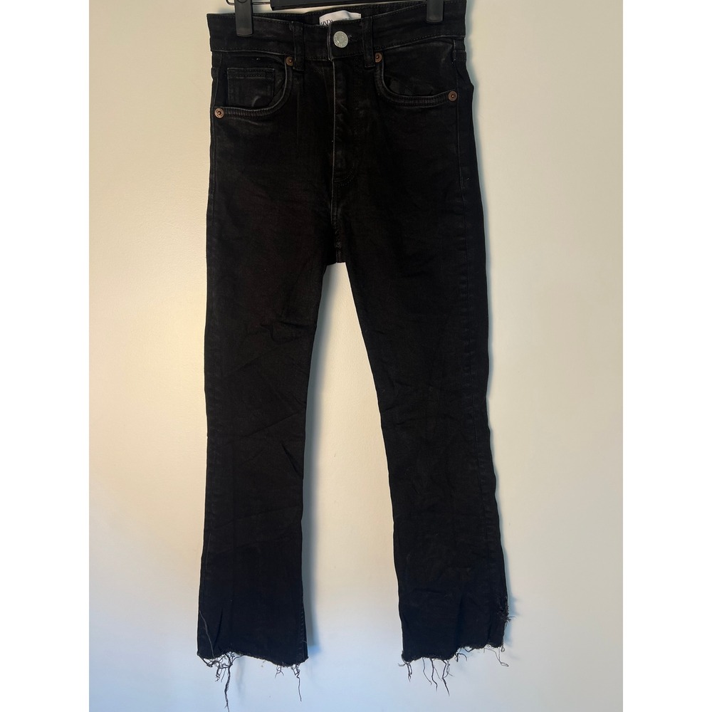 Zara Jeans W 2 Black High Rise Frayed Hem Cropped Slim Kick Flare Denim Chic Y2K